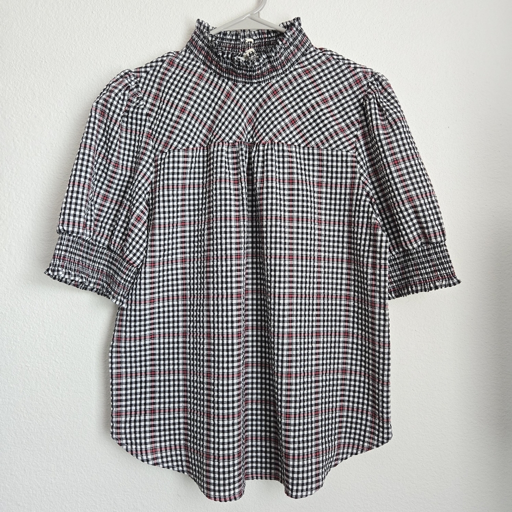 LOFT High Neck Modest Smocked Neck Puff Sleeve Plaid Seersucker Top Size S